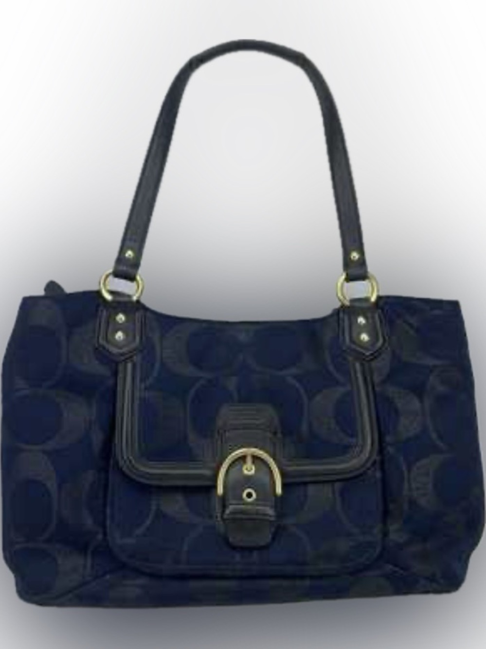 COACH Campbell Metallic Belle Carryall F26246 Navy Blue Black Monogram Tote Bag